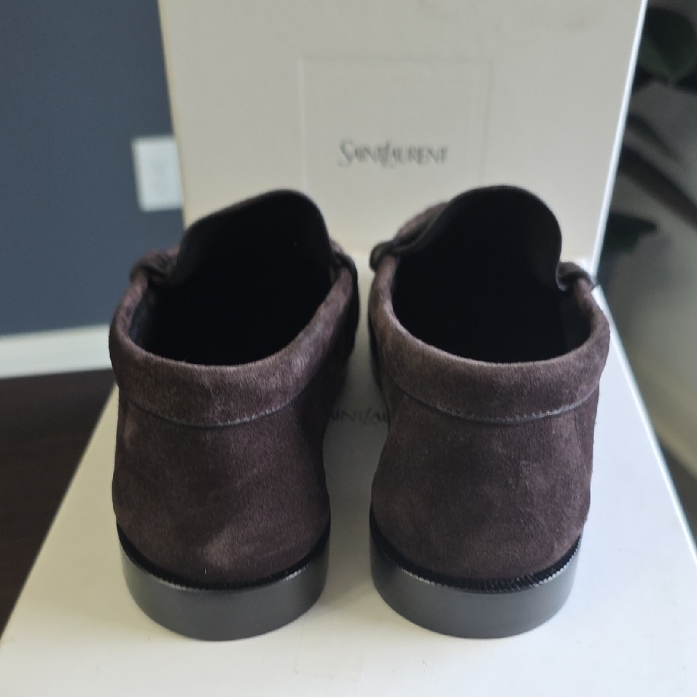 Saint Laurent Brown Suede Penny Loafers with Gold YSL Accent - Picture 4 of 13